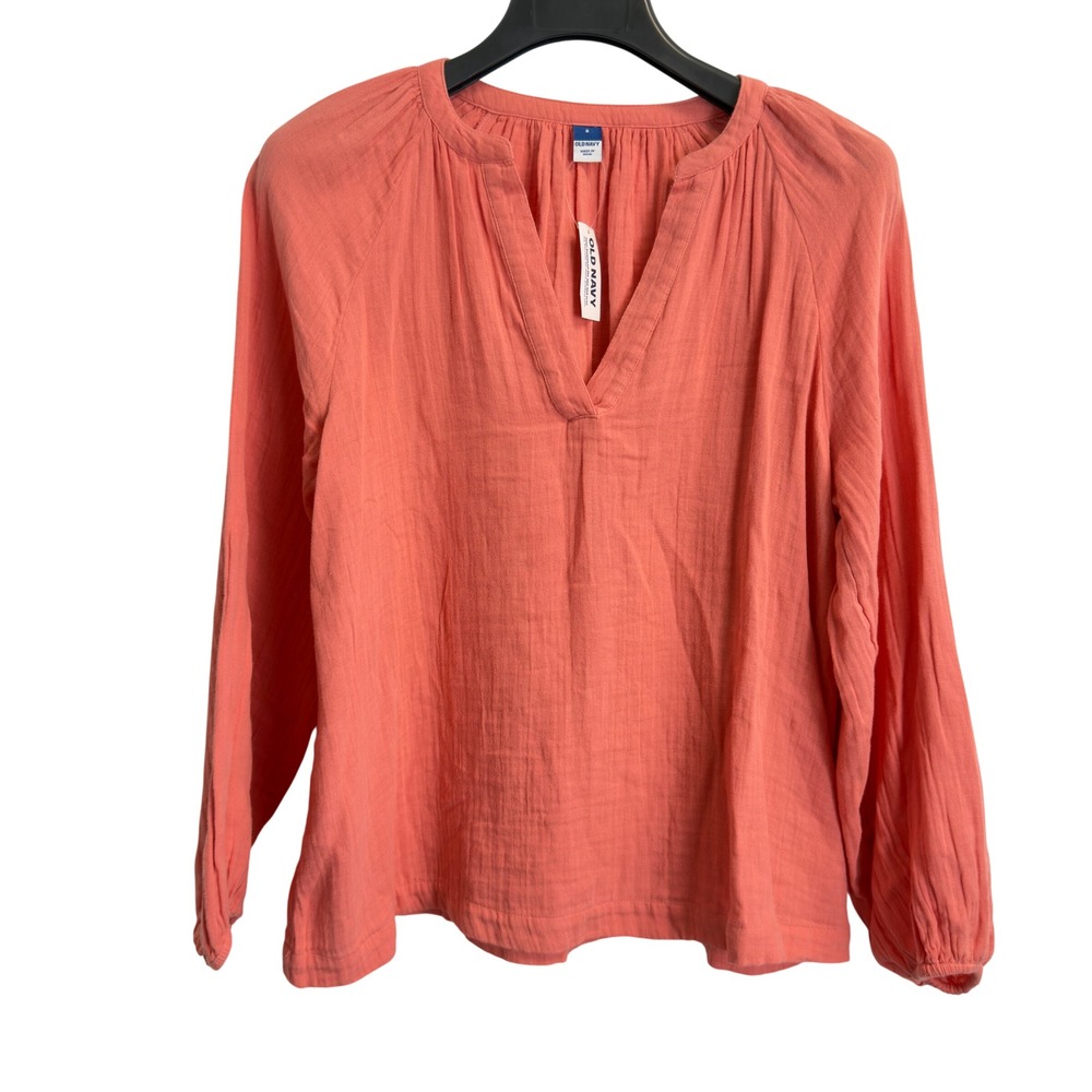 NWT Old Navy Women Small Coral Pink Cotton Gauze Split Neck Long Sleeve Blouse